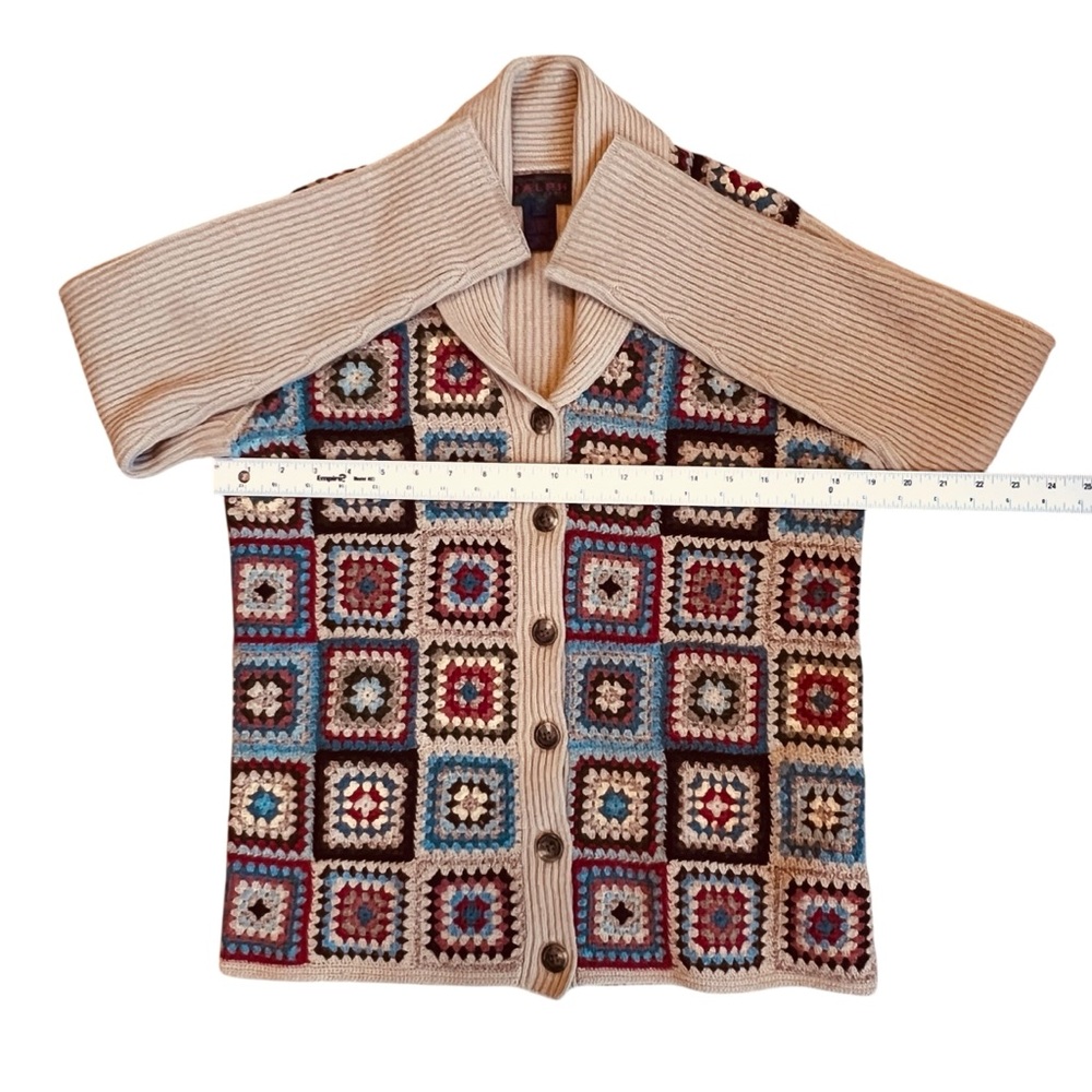 Ralph Lauren Sz S Vintage 1996 Crochet Patchwork Lambswool Cardigan Sweater - Picture 9 of 13